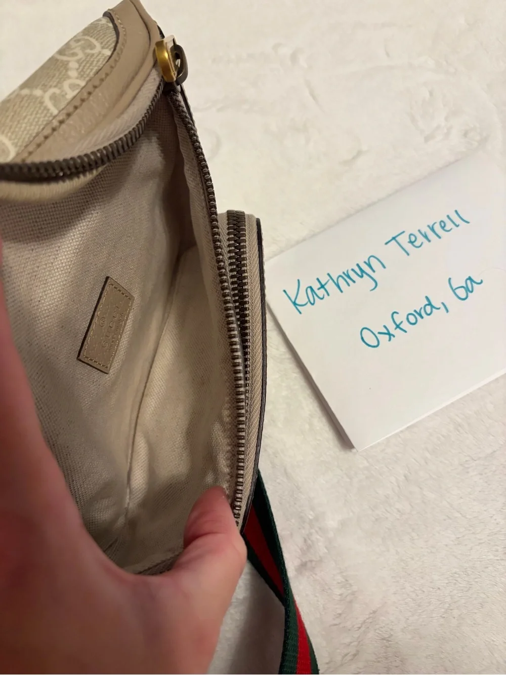 Gucci Tan GG Supreme Canvas Belt Bag with Red and Green Web Strap